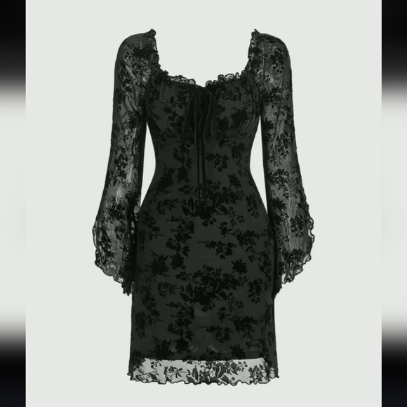Elegant Black Floral Dress With Ruffle And Bow Neckline And Flared Sleeves - Picture 4 of 4
